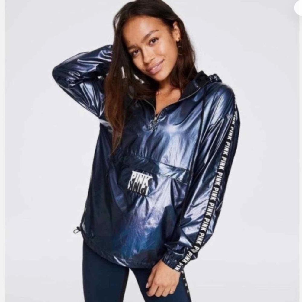 PINK Victoria's Secret Shiny Navy Pullover windbreaker Jacket size M